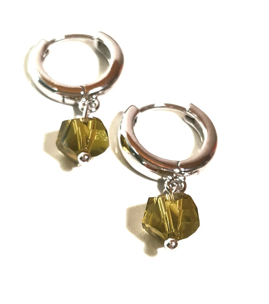 Olive Glass Bead Silver Hoops